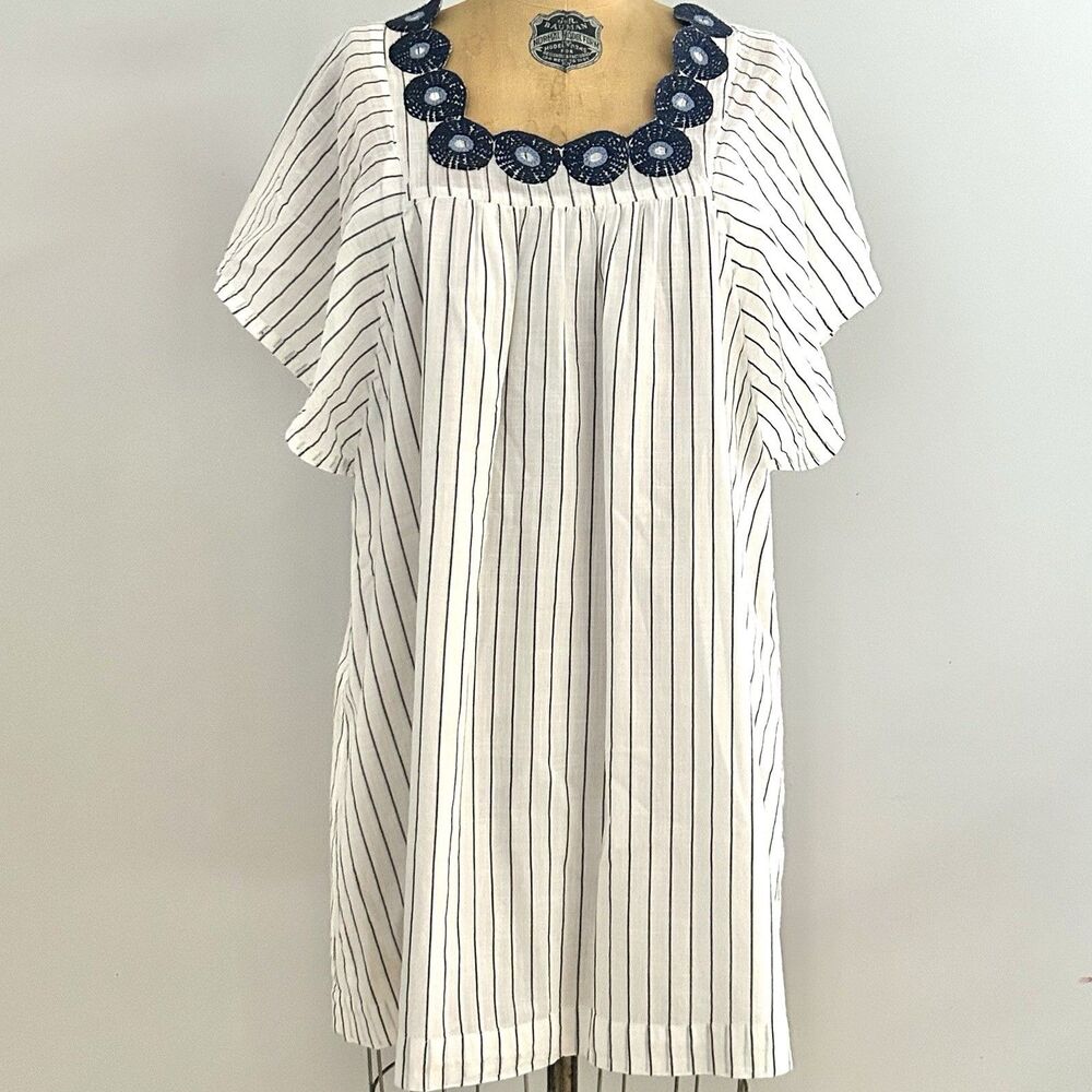 Madewell Embroidered Applique Neck Tunic Dress Striped Cotton Boho S